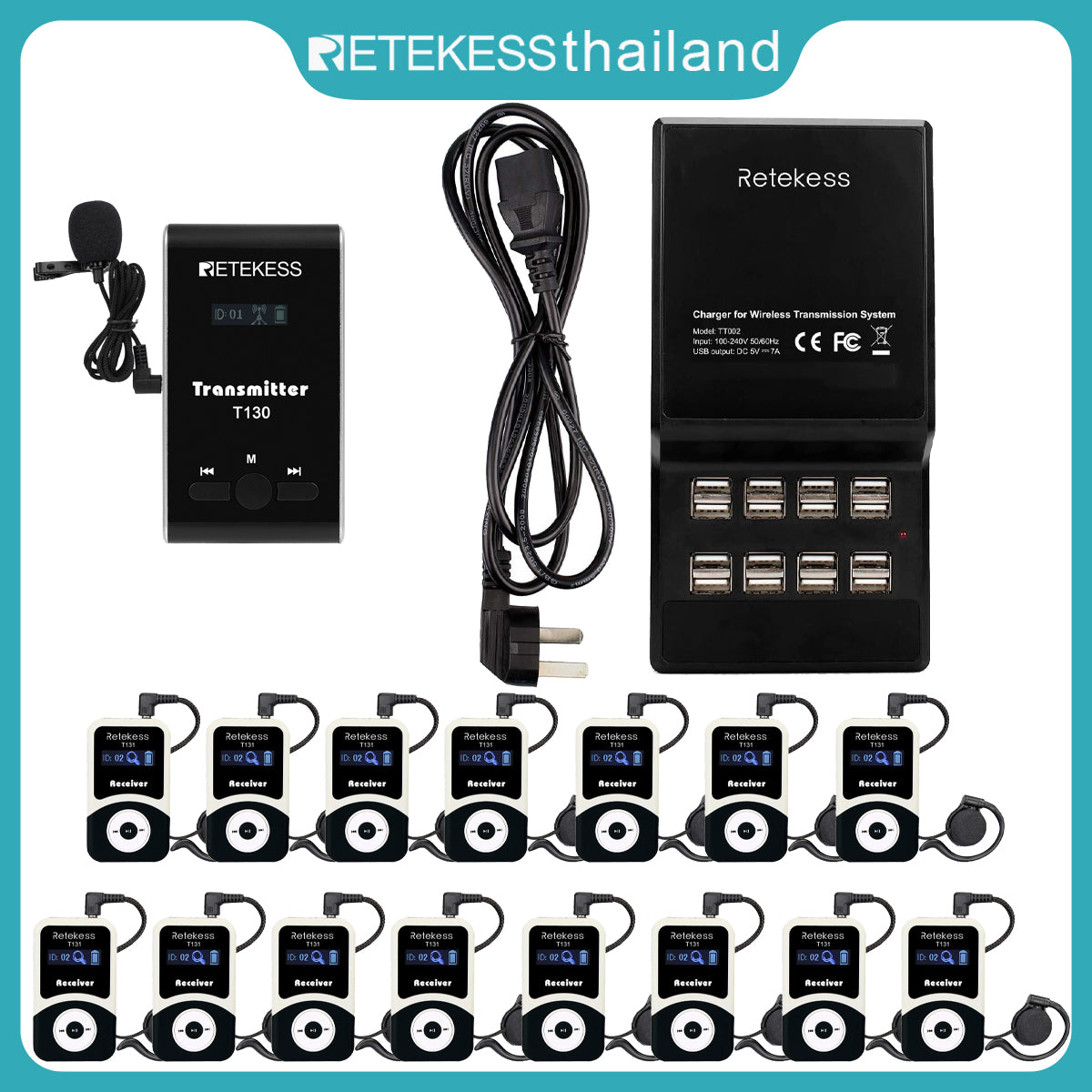 Retekess T130 99 Channel Wireless Tour Guide System, ใช้สำหรับฮัจญ์และอุมเราะห์, ระบบการแปลไมโครโฟนคริสตจักรสำหรับคริสตจักร (1 เครื่องส่ง 15 เครื่องรับ 1 ฐานชาร์จ)