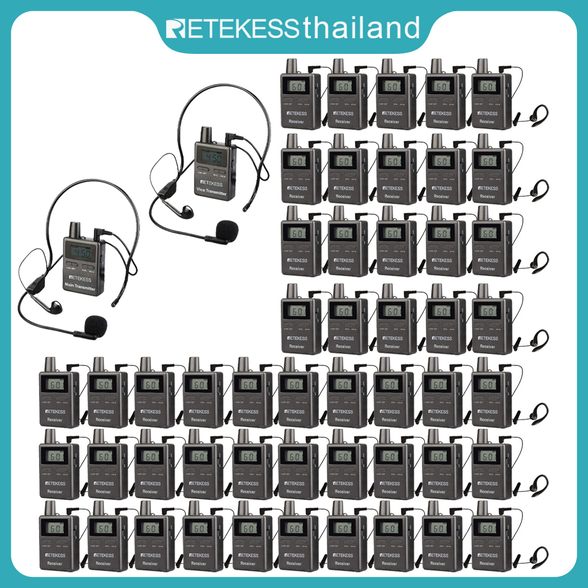 ชุดหูฟังไกด์นำเที่ยวสองทาง Retekess TT105 อุปกรณ์แปลภาษาในโบสถ์ เครื่องส่งสัญญาณสองเครื่องสื่อสารสองทาง ระบบช่วยฟังสำหรับการฝึกอบรม (เครื่องส่งสัญญาณ 2 เครื่อง เครื่องรับ 50 เครื่อง)