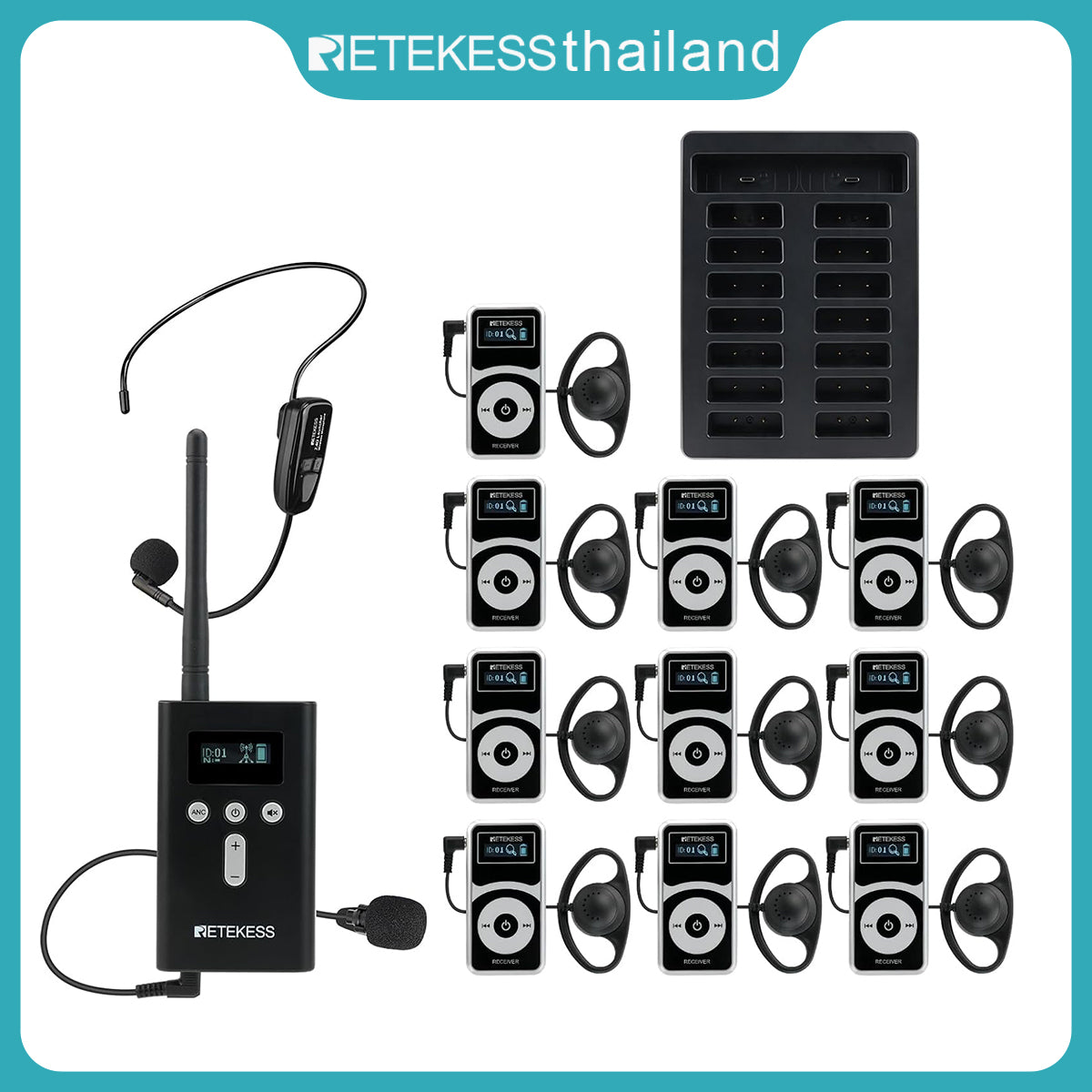 Retekess T130P Tour Guide System, Church Translation System, 3th Generation T130, Graded Noise Reduction, Long Standby 36h Translation Headset for Church, Factory (1 Transmitter 10 Receivers)