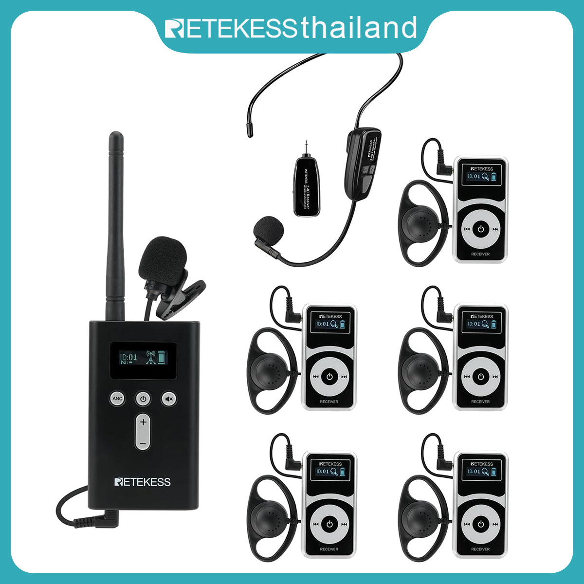 ชุดหูฟังระบบไกด์นำเที่ยว Retekess T130P อุปกรณ์แปลภาษา T130 รุ่นที่ 3 ลดเสียงรบกวนแบบค่อยเป็นค่อยไป อุปกรณ์แปลภาษาพร้อมกัน 160 ม. สำหรับศาล (เครื่องส่ง 1 เครื่อง เครื่องรับ 5 เครื่อง)