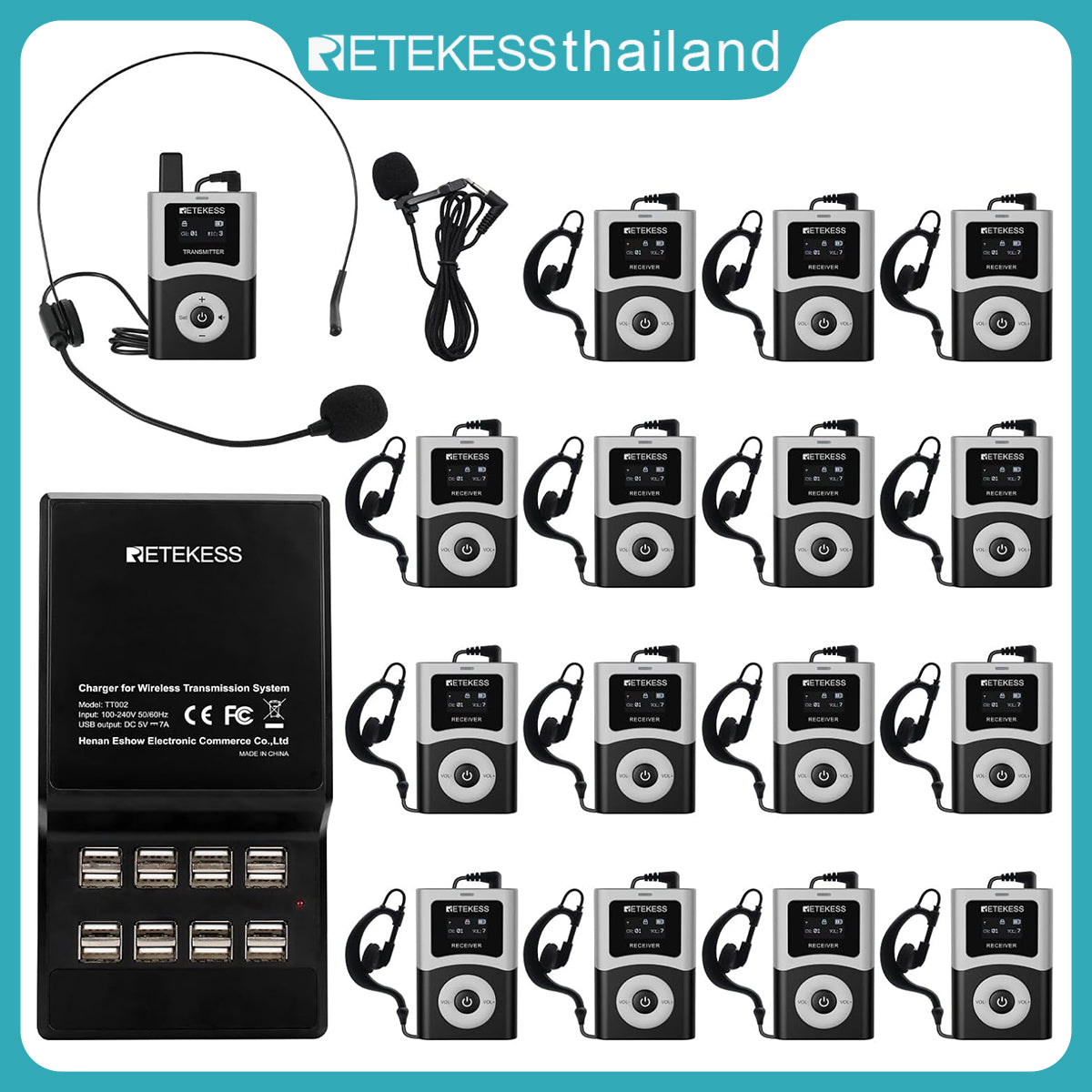 Retekess T130U ระบบไกด์นำเที่ยว หูฟังไกด์นำเที่ยวสำหรับทั้งสองหู การส่งสัญญาณดิจิตอล คุณภาพเสียงคมชัด การทำงานด้วยปุ่มเดียว ชุดไกด์นำเที่ยวสำหรับการเดินทาง